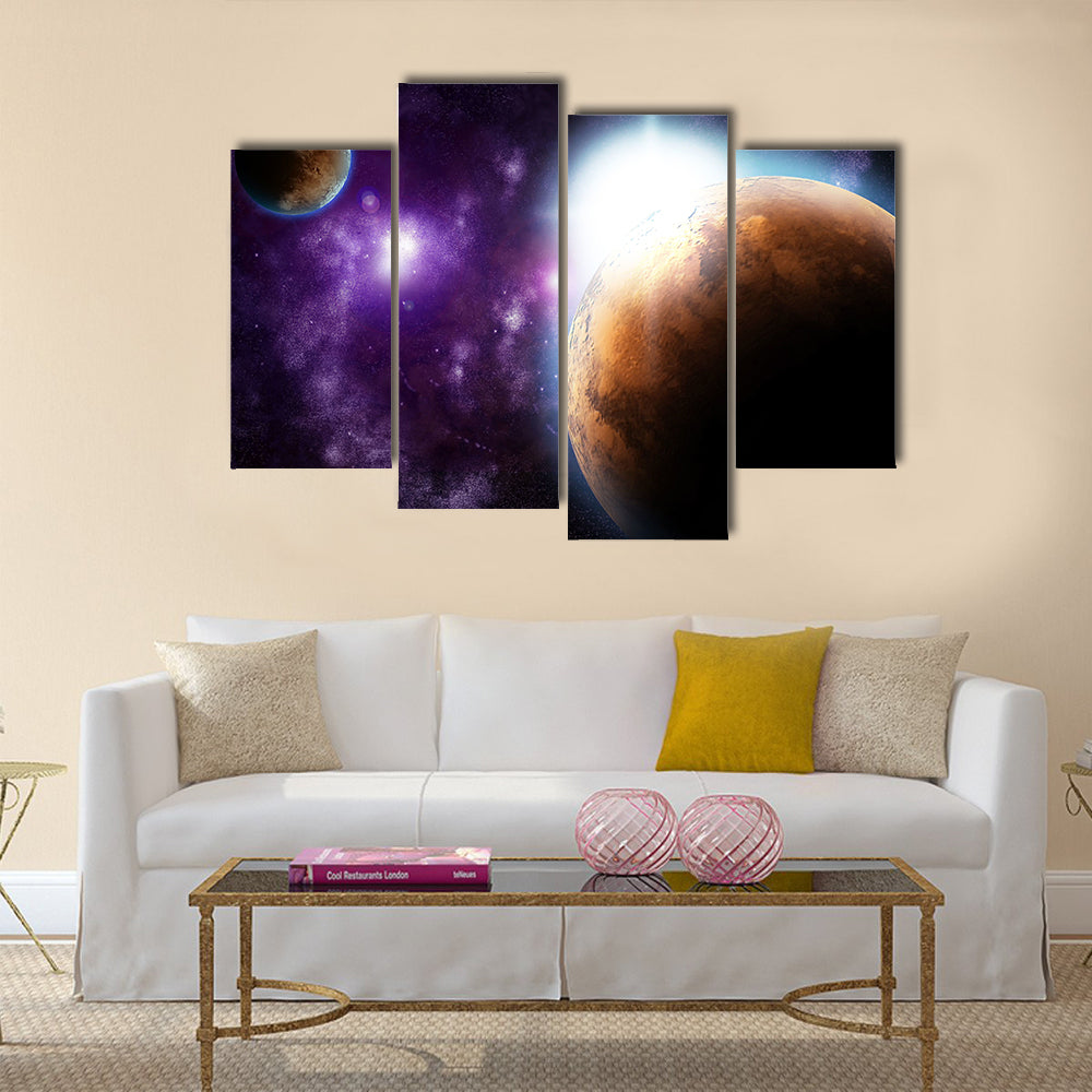 Abstract planet with sun flare in deep space - star nebula against black background Multi Panel Canvas Wall Art