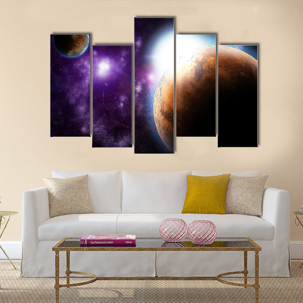 Abstract planet with sun flare in deep space - star nebula against black background Multi Panel Canvas Wall Art