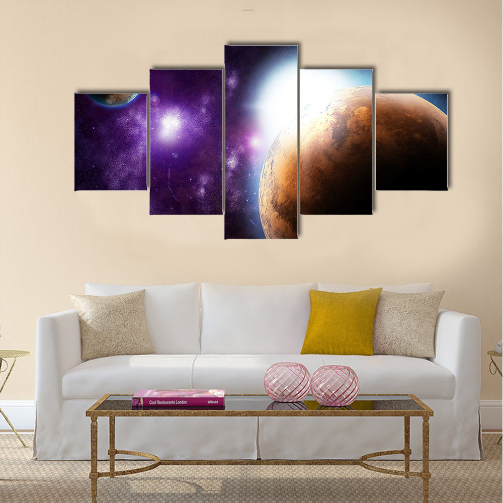 Abstract planet with sun flare in deep space - star nebula against black background Multi Panel Canvas Wall Art