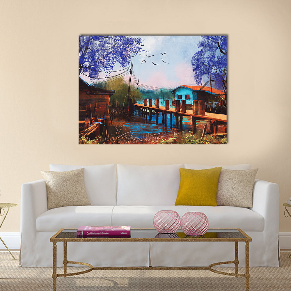 old fishing village,oil painting style Multi Panel Canvas Wall Art