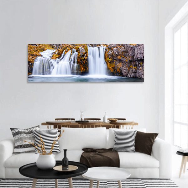 Waterfall landscape at Kirkjufell , Snaefellsnes peninsula panoramic canvas wall art