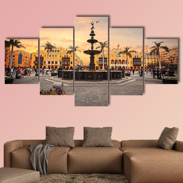 Panoramic view of Lima main square and cathedral church canvas wall art