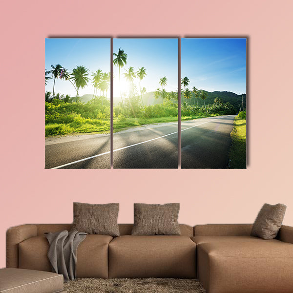 Empty road in jungle of Seychelles islands multi panel canvas wall art