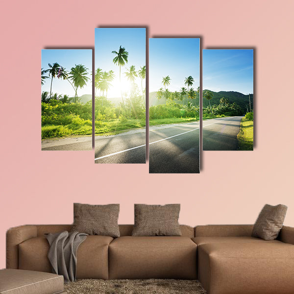 Empty road in jungle of Seychelles islands multi panel canvas wall art