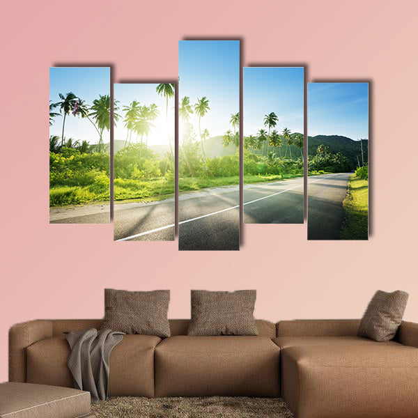Empty road in jungle of Seychelles islands multi panel canvas wall art