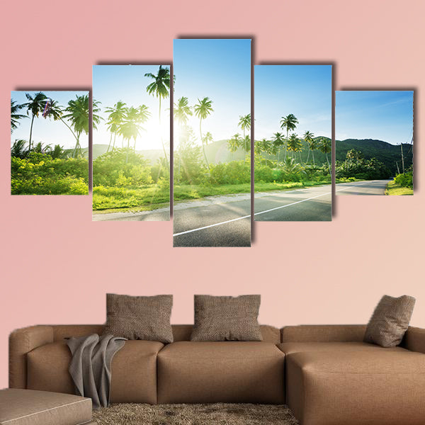Empty road in jungle of Seychelles islands multi panel canvas wall art