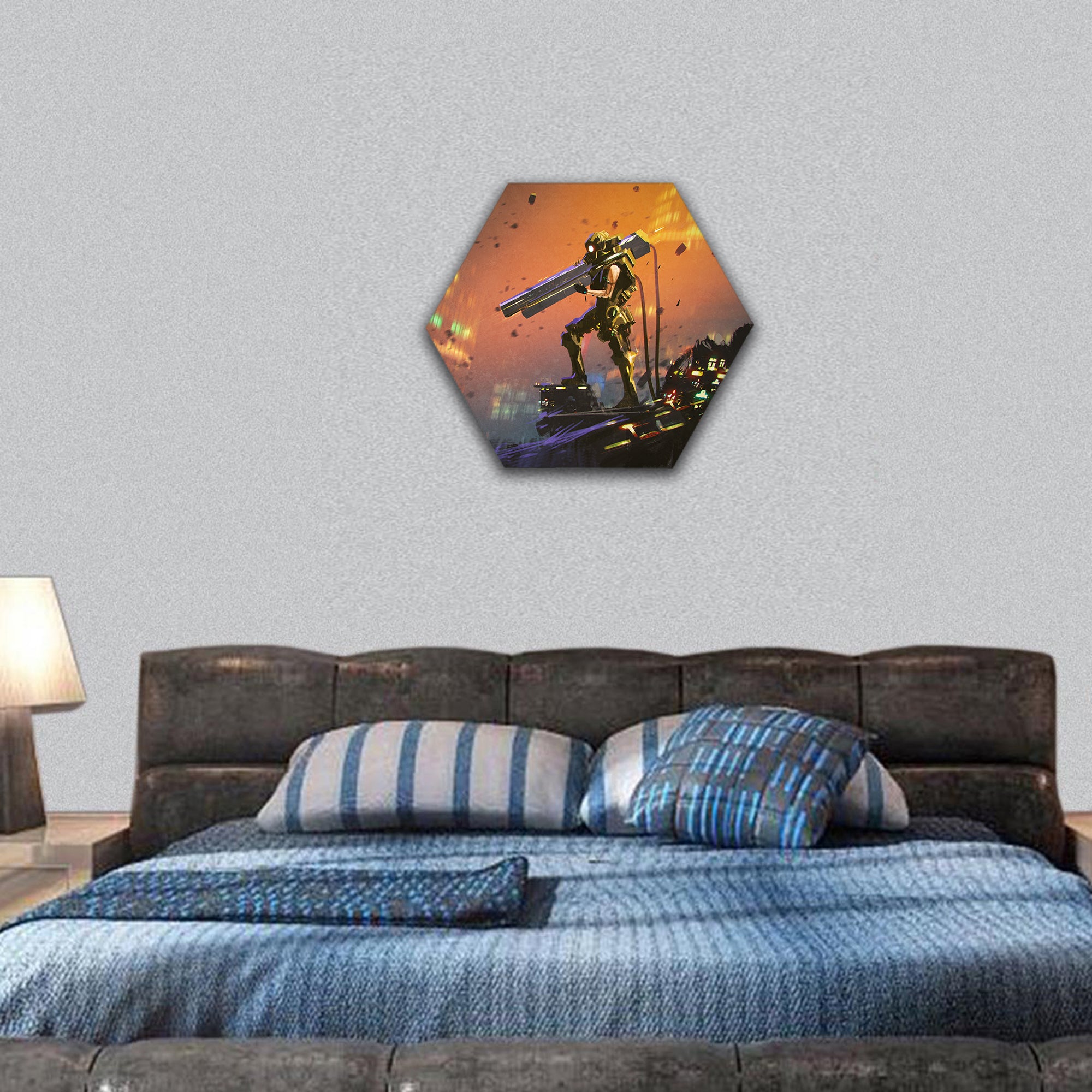 Soldier in yellow suit with gun hexagonal canvas wall art