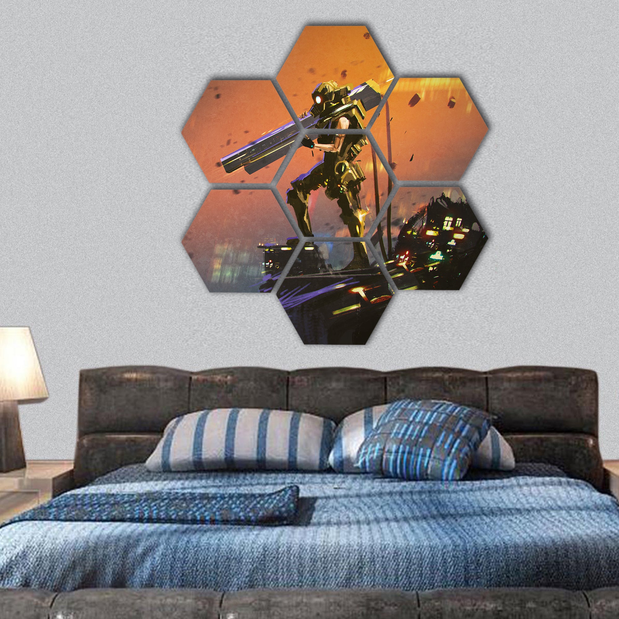 Soldier in yellow suit with gun hexagonal canvas wall art