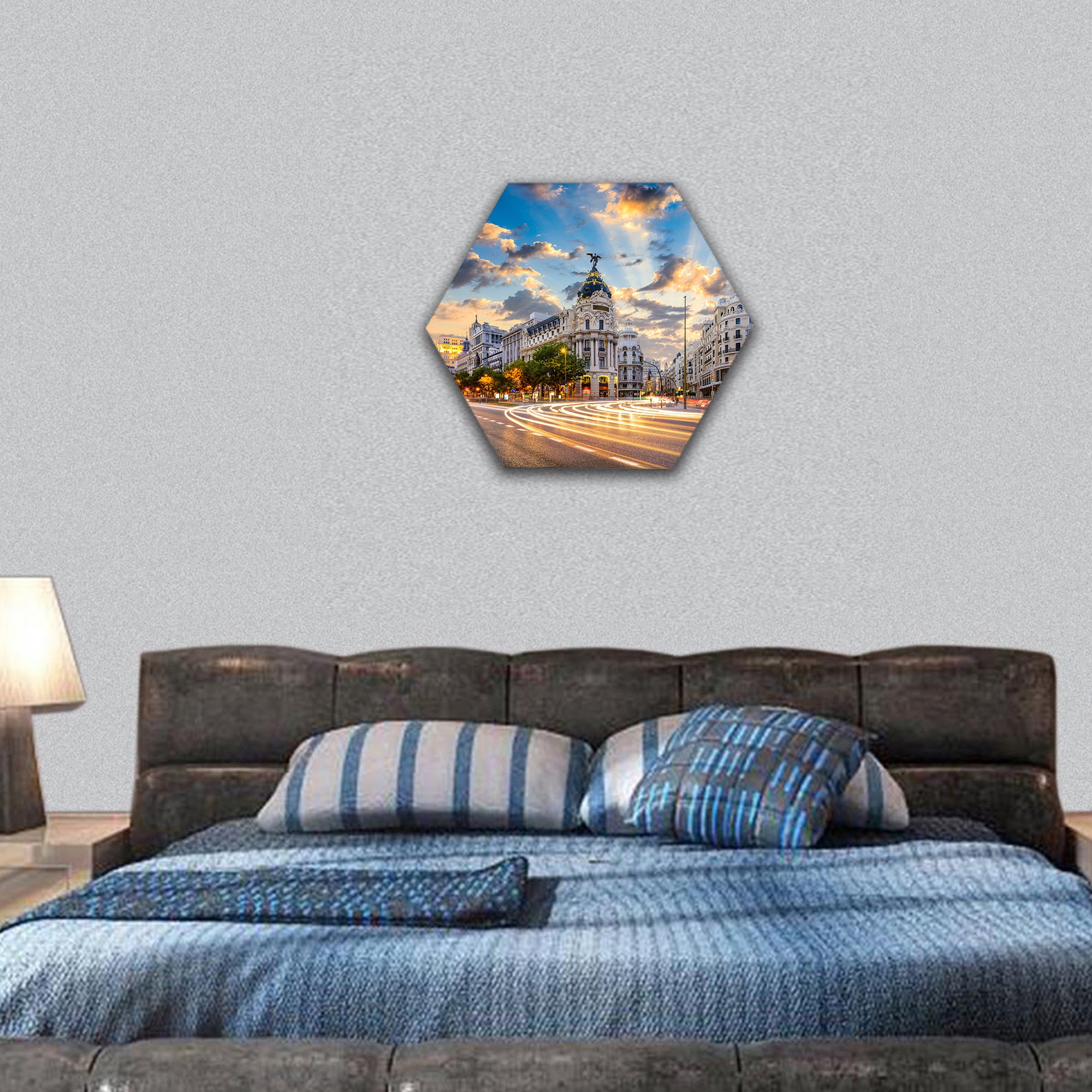 Spain cityscape at Calle de Alcala hexagonal canvas wall art