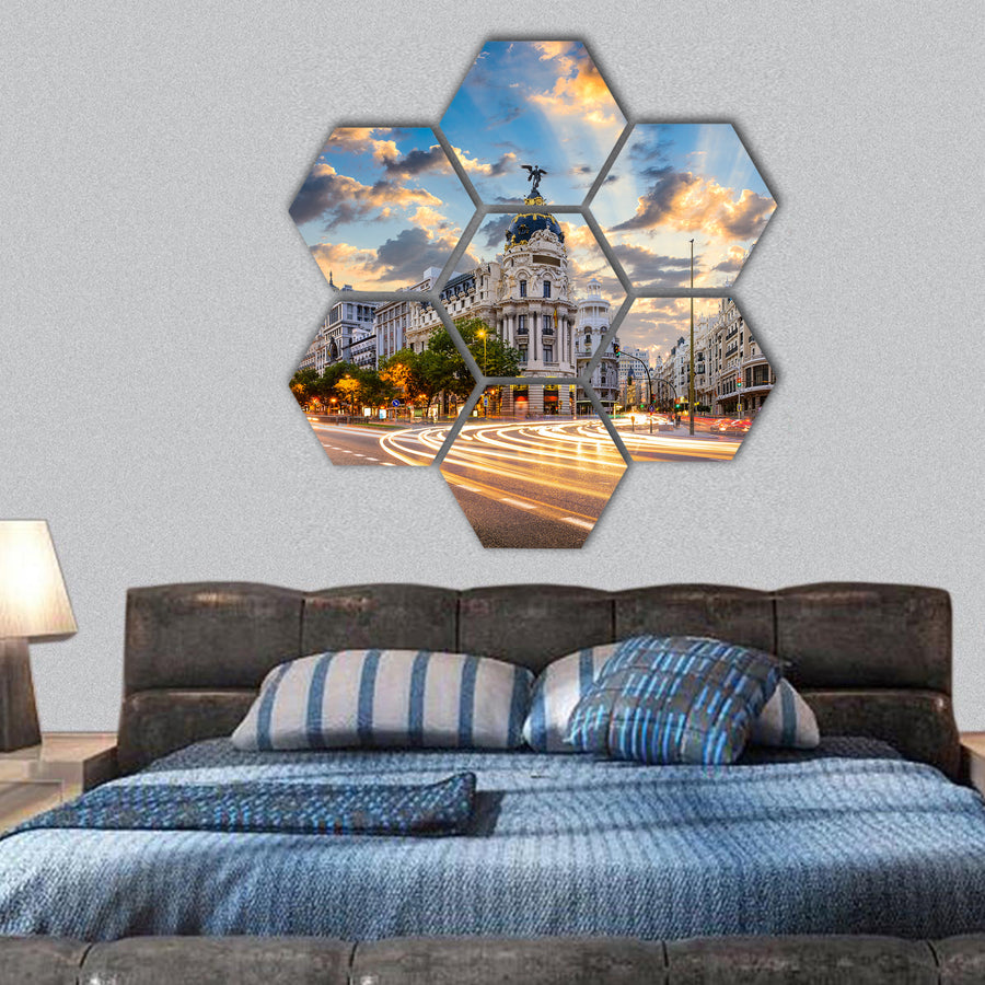 Spain cityscape at Calle de Alcala hexagonal canvas wall art