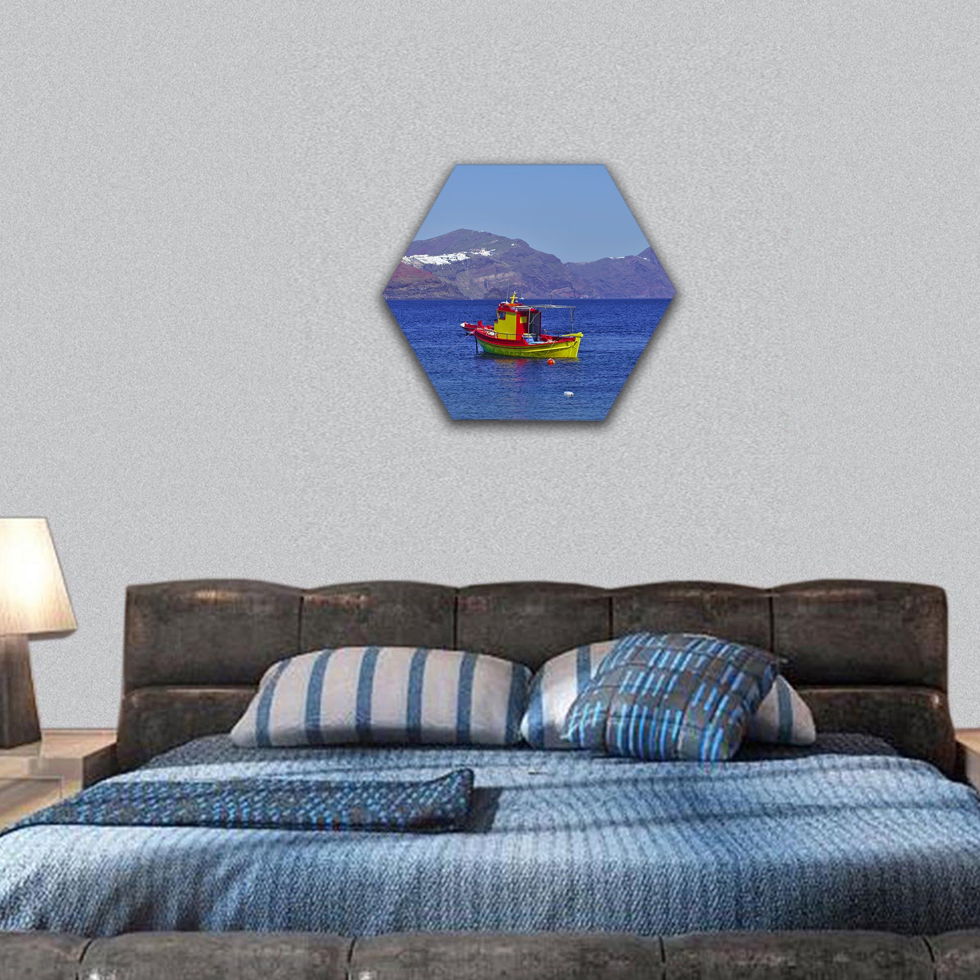 Colorful Boat In Water hexagonal canvas wall art