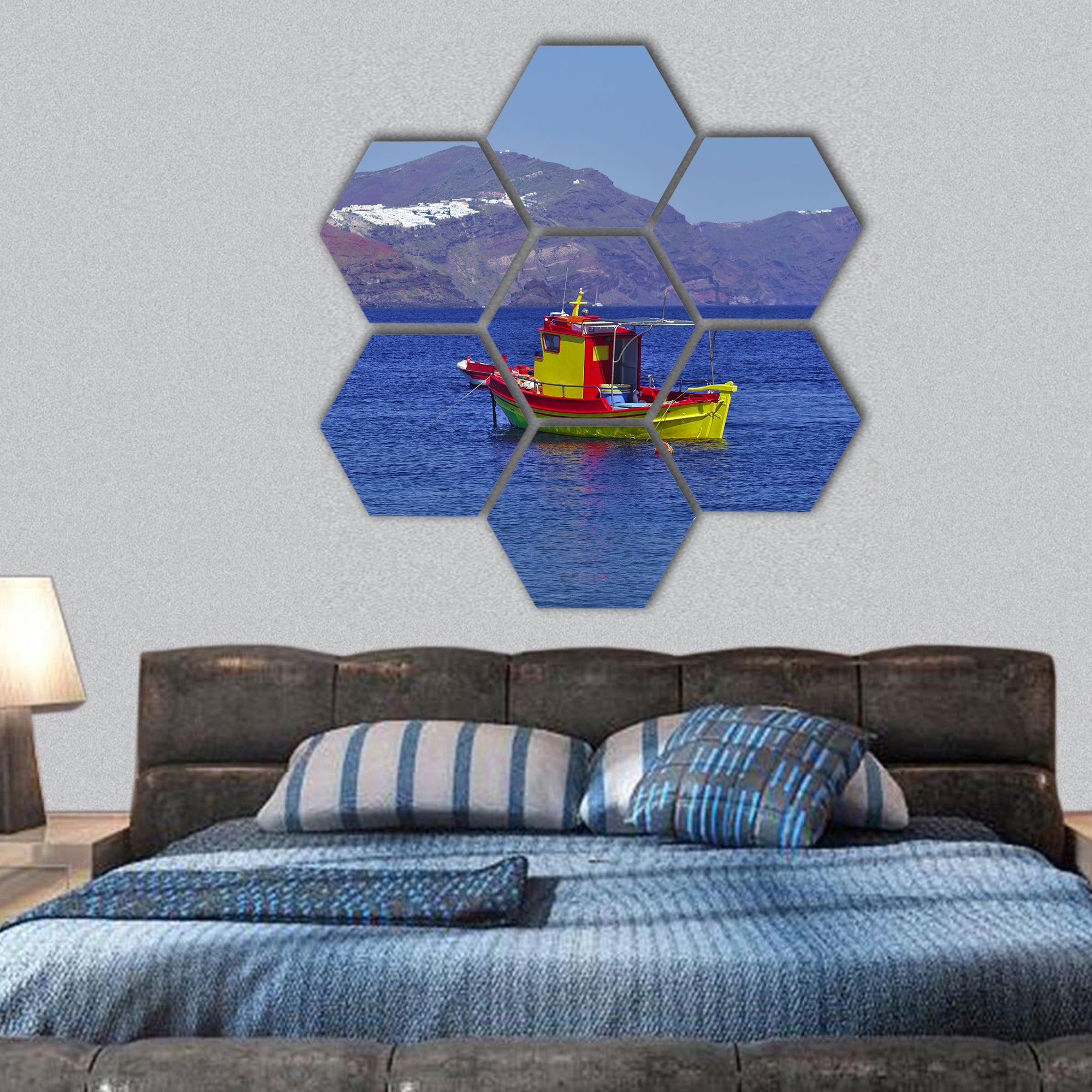 Colorful Boat In Water hexagonal canvas wall art