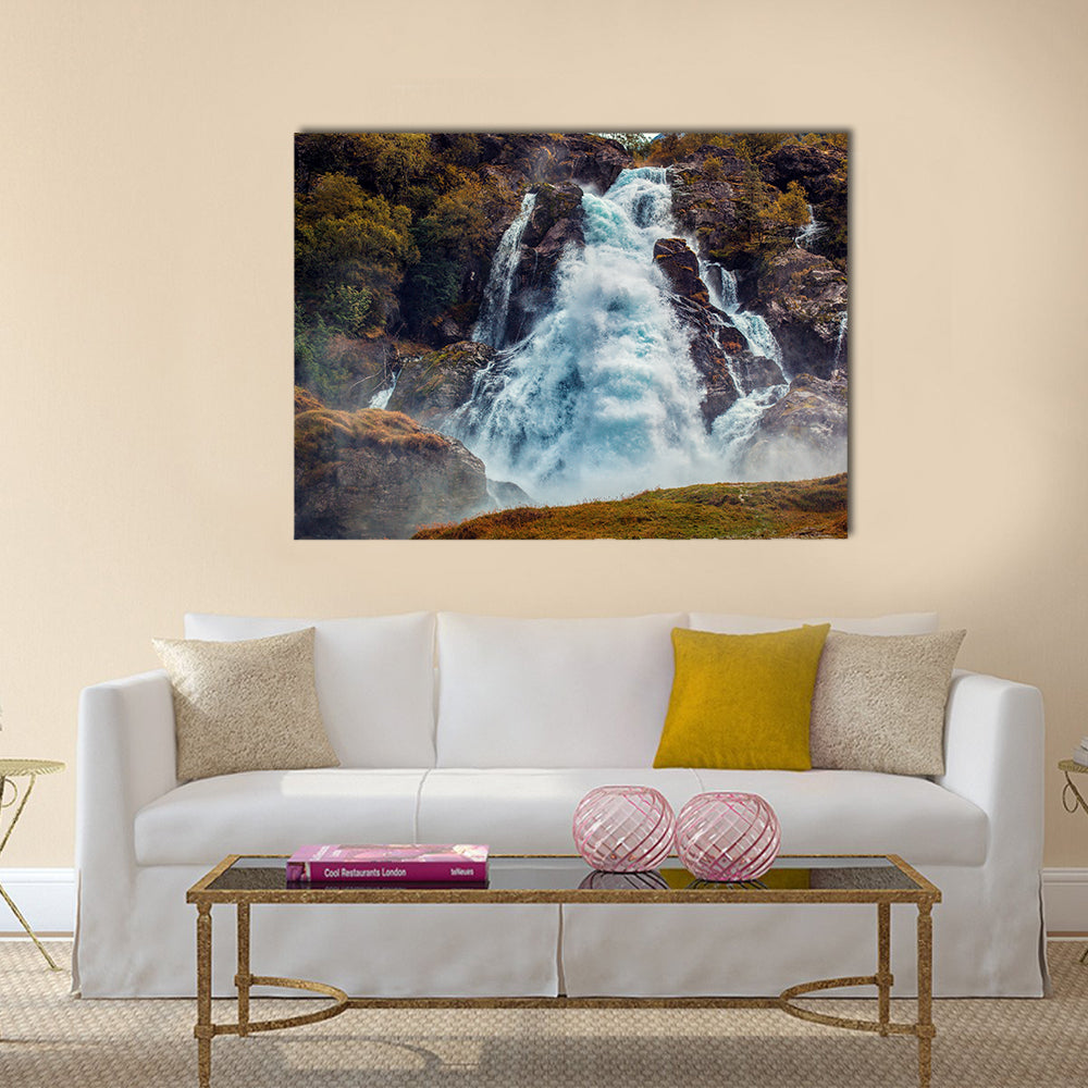 Big waterfall in Norway autumn red colors multi panel canvas wall art