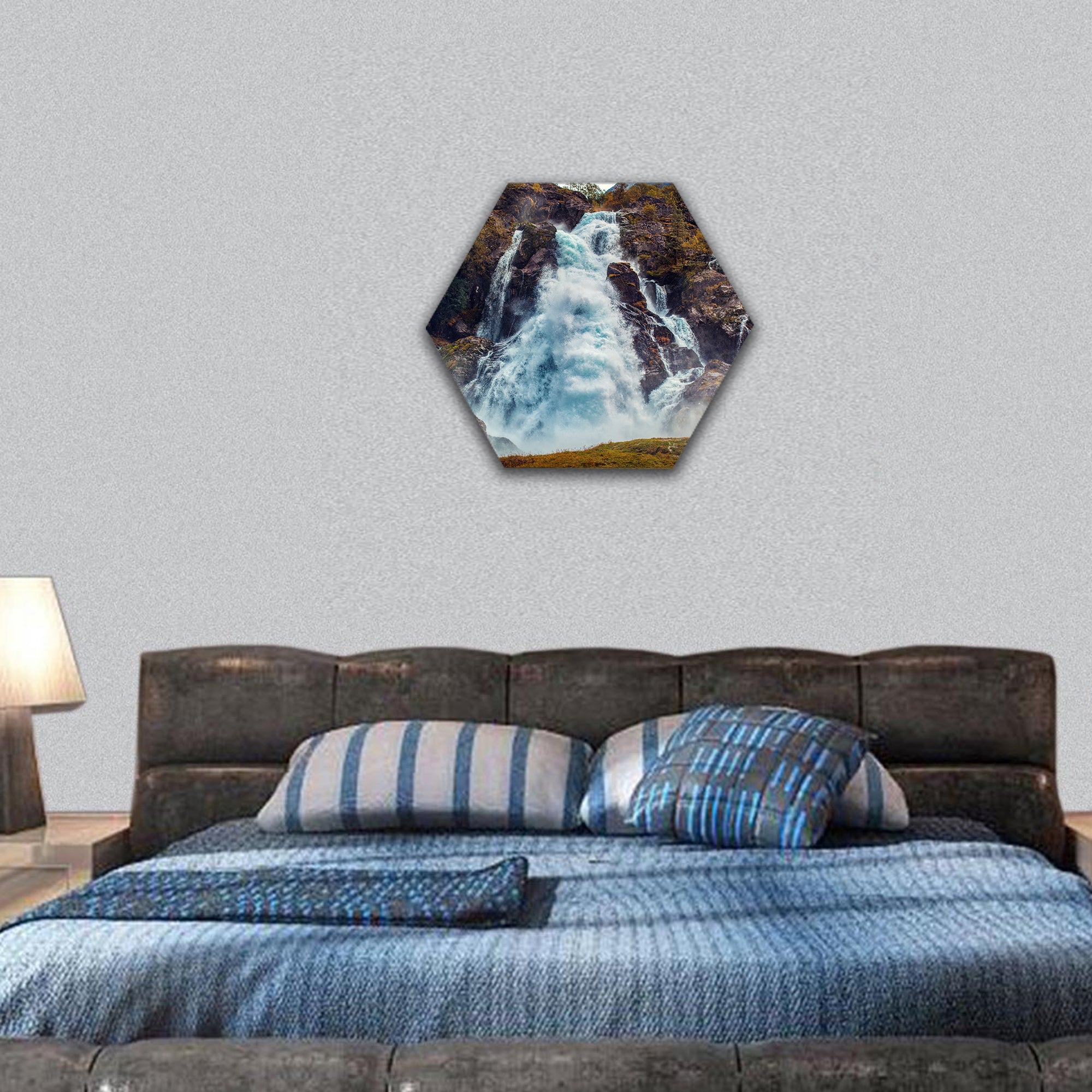Big waterfall in Norway autumn red colors hexagonal canvas wall art