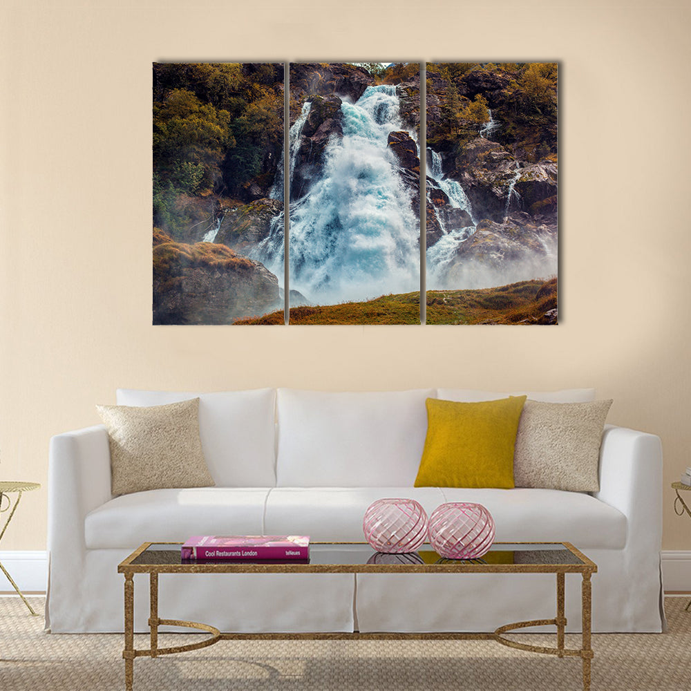Big waterfall in Norway autumn red colors multi panel canvas wall art