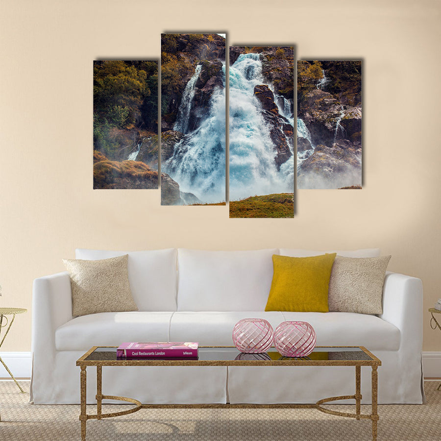 Big waterfall in Norway autumn red colors multi panel canvas wall art
