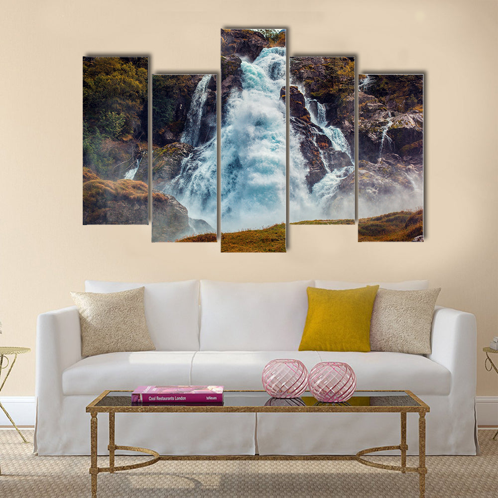 Big waterfall in Norway autumn red colors multi panel canvas wall art