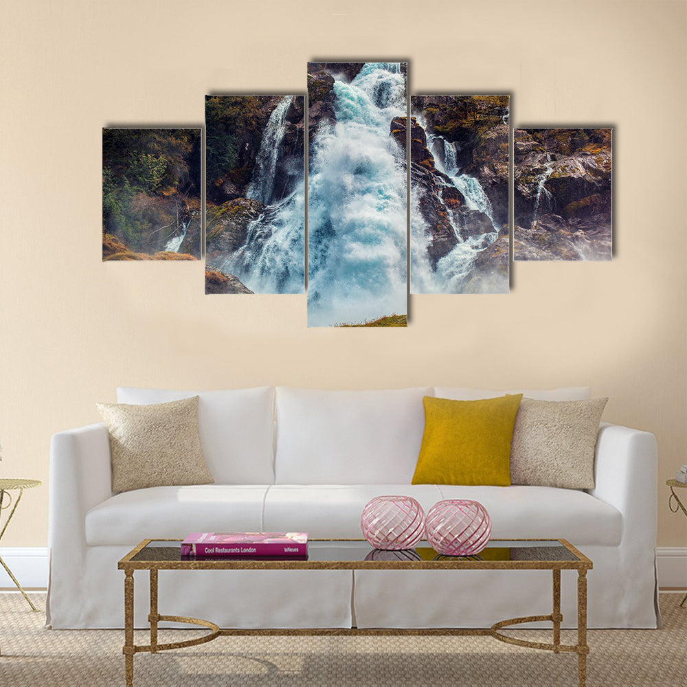 Big waterfall in Norway autumn red colors multi panel canvas wall art