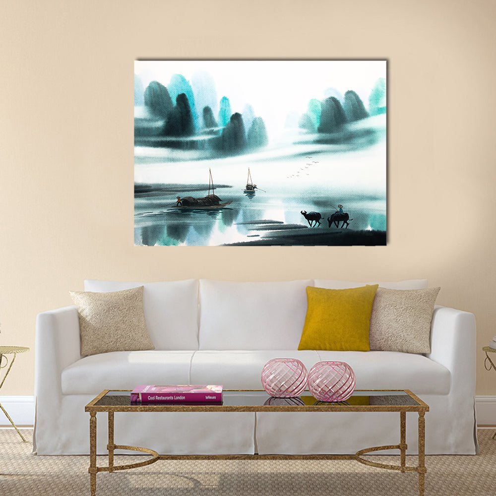 Chinese landscape watercolor painting Multi Panel Canvas Wall Art