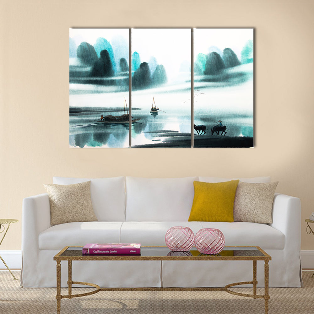 Chinese landscape watercolor painting Multi Panel Canvas Wall Art
