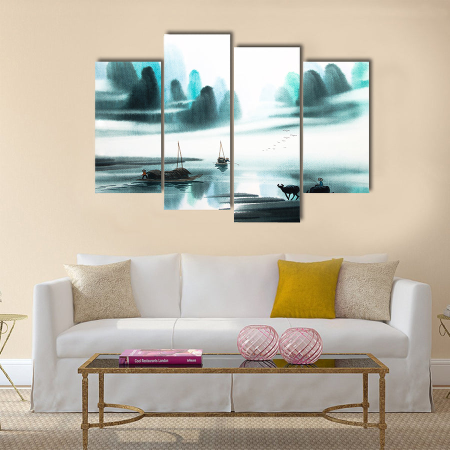 Chinese landscape watercolor painting Multi Panel Canvas Wall Art