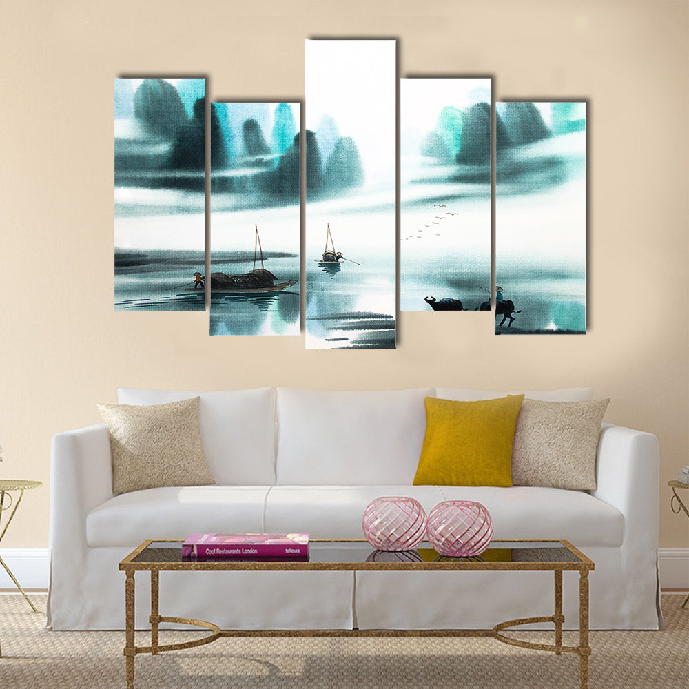 Chinese landscape watercolor painting Multi Panel Canvas Wall Art