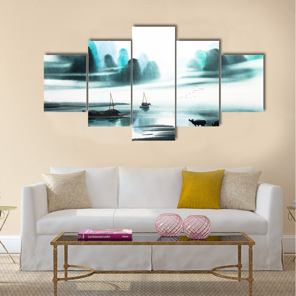 Chinese landscape watercolor painting Multi Panel Canvas Wall Art