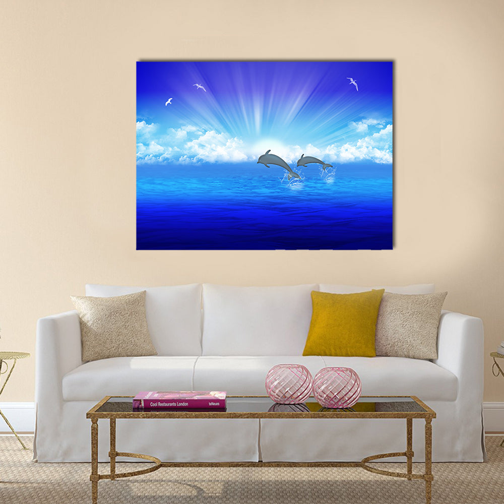 Pair jumping dolphin on background rising sun multi panel canvas wall art