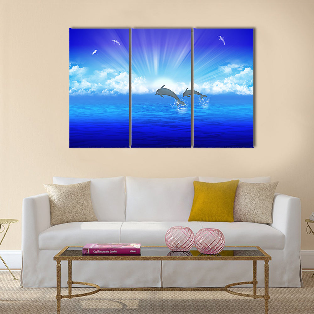 Pair jumping dolphin on background rising sun multi panel canvas wall art