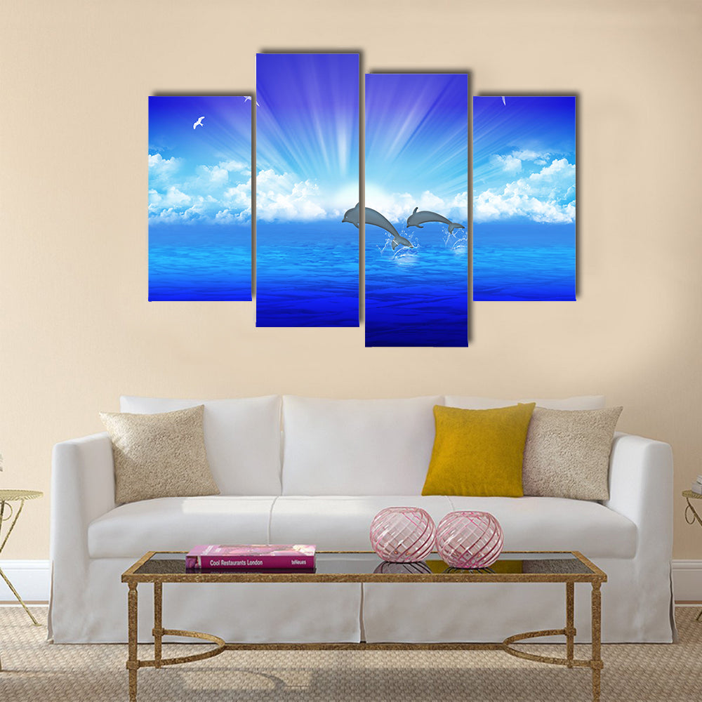Pair jumping dolphin on background rising sun multi panel canvas wall art