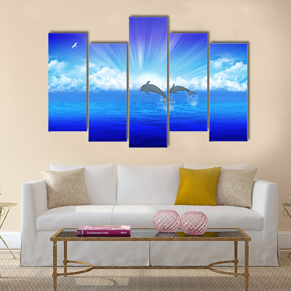 Pair jumping dolphin on background rising sun multi panel canvas wall art