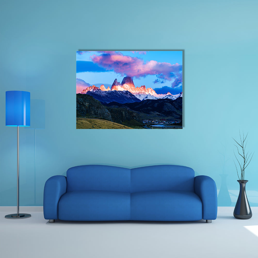 Fitz Roy mountain and El Chalten Village in the morning Multi panel canvas wall art
