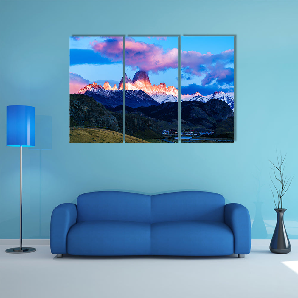 Fitz Roy mountain and El Chalten Village in the morning Multi panel canvas wall art