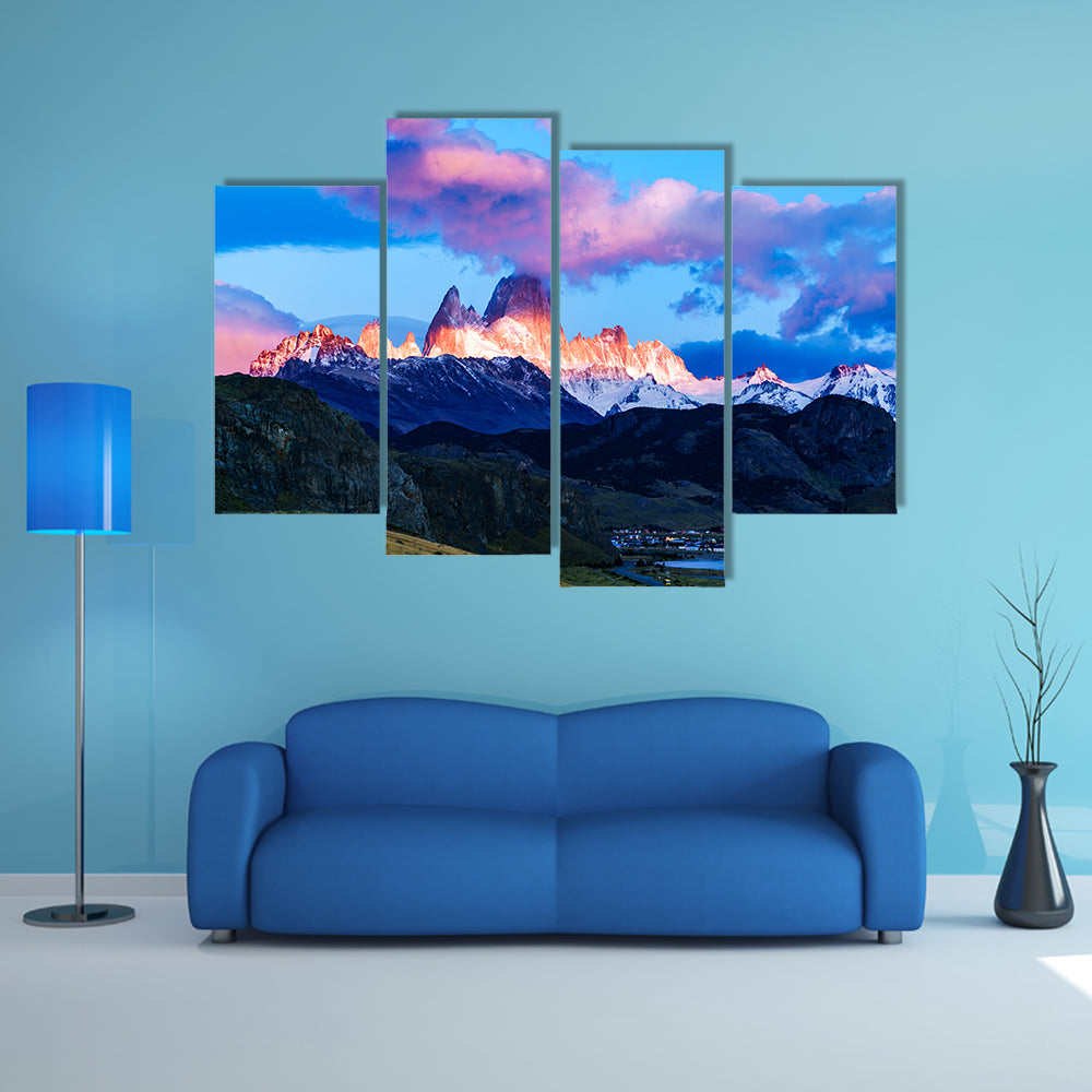 Fitz Roy mountain and El Chalten Village in the morning Multi panel canvas wall art