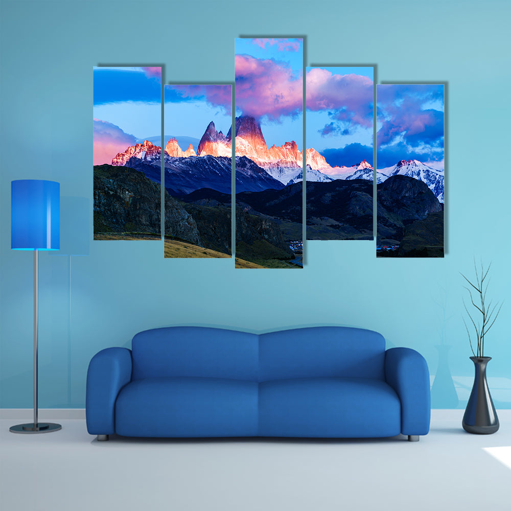 Fitz Roy mountain and El Chalten Village in the morning Multi panel canvas wall art