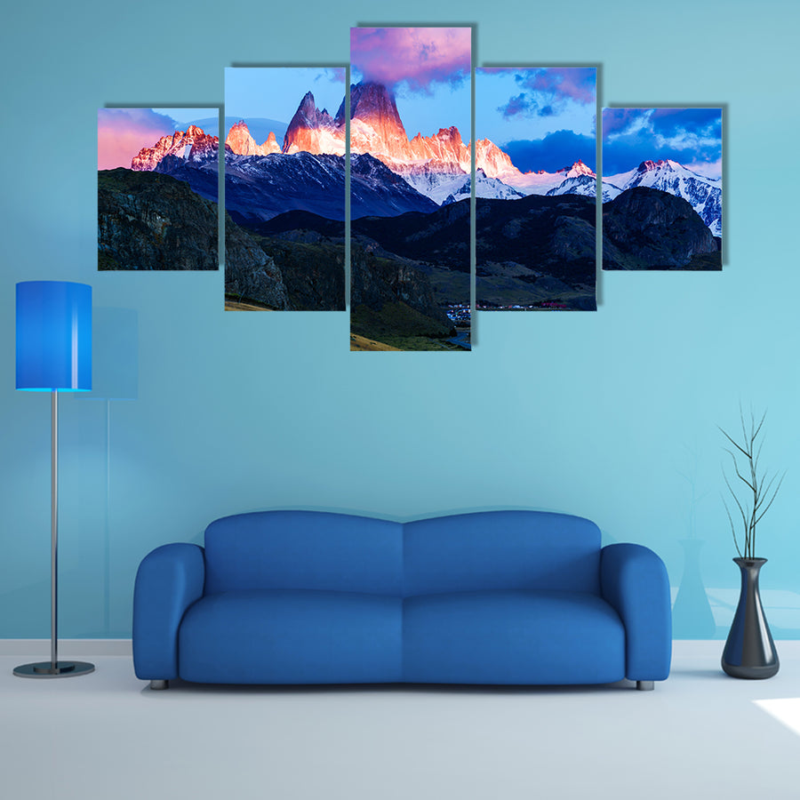 Fitz Roy mountain and El Chalten Village in the morning Multi panel canvas wall art