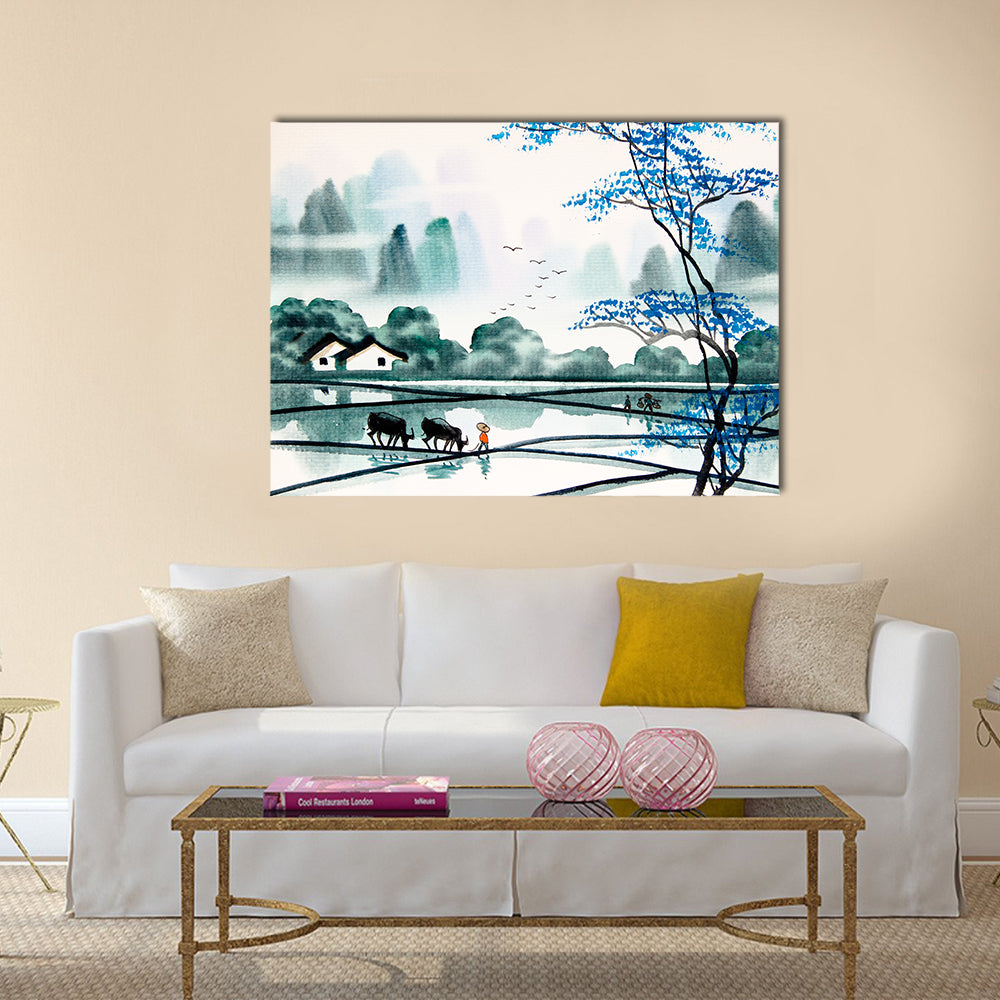 Chinese landscape watercolor painting Multi Panel Canvas Wall Art