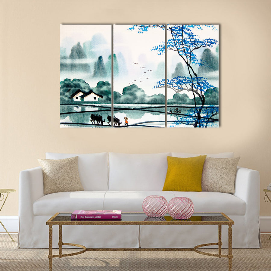 Chinese landscape watercolor painting Multi Panel Canvas Wall Art
