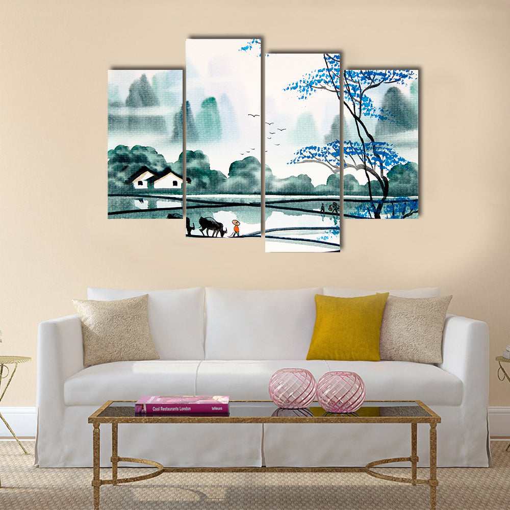 Chinese landscape watercolor painting Multi Panel Canvas Wall Art