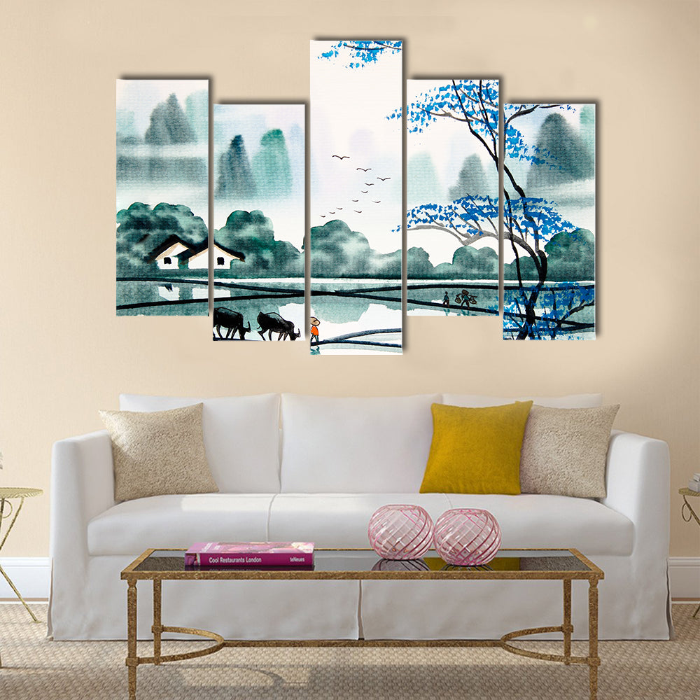 Chinese landscape watercolor painting Multi Panel Canvas Wall Art