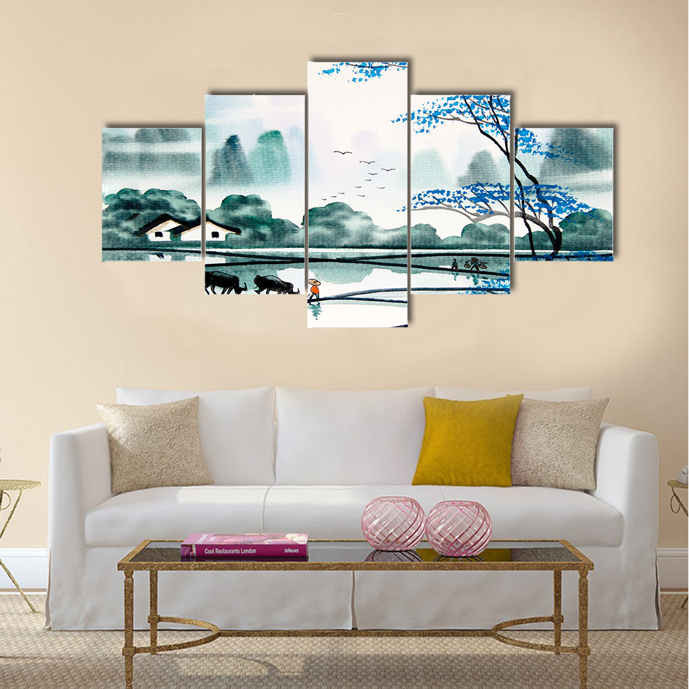 Chinese landscape watercolor painting Multi Panel Canvas Wall Art
