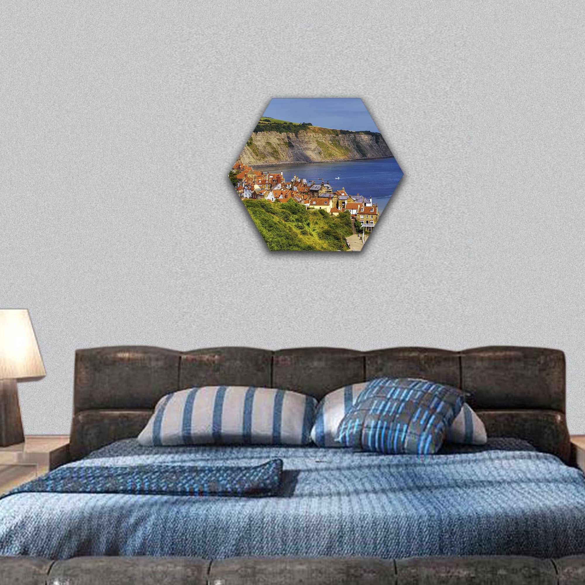 Aerial view of Robin Hoods Bay village, England hexagonal canvas wall art