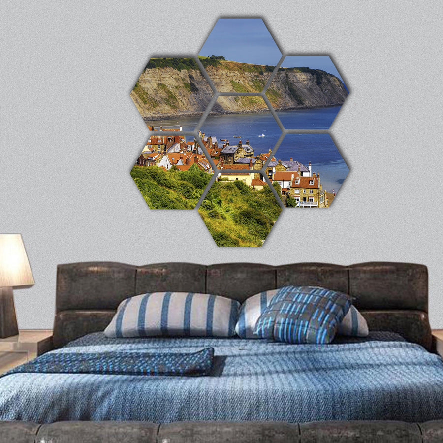 Aerial view of Robin Hoods Bay village, England hexagonal canvas wall art