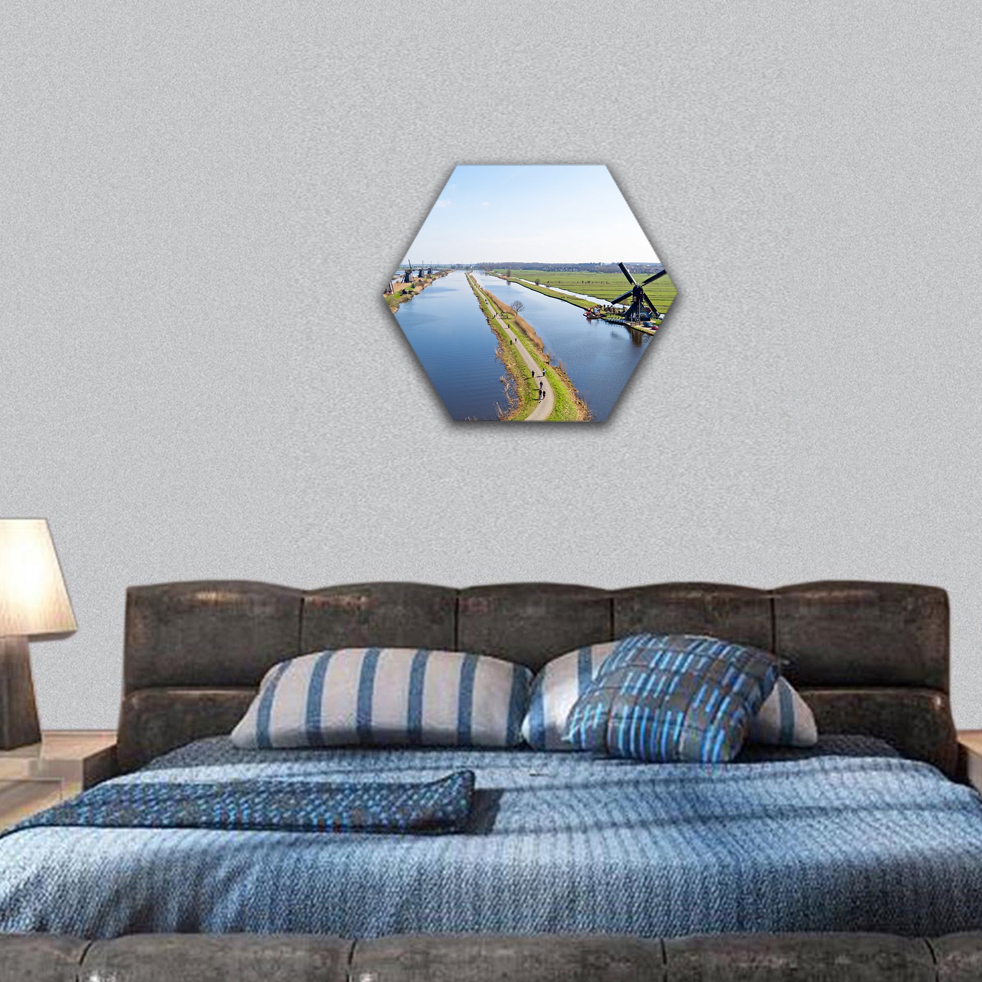 Traditional windmills at Kinderdijk in the Netherlands hexagonal canvas wall art