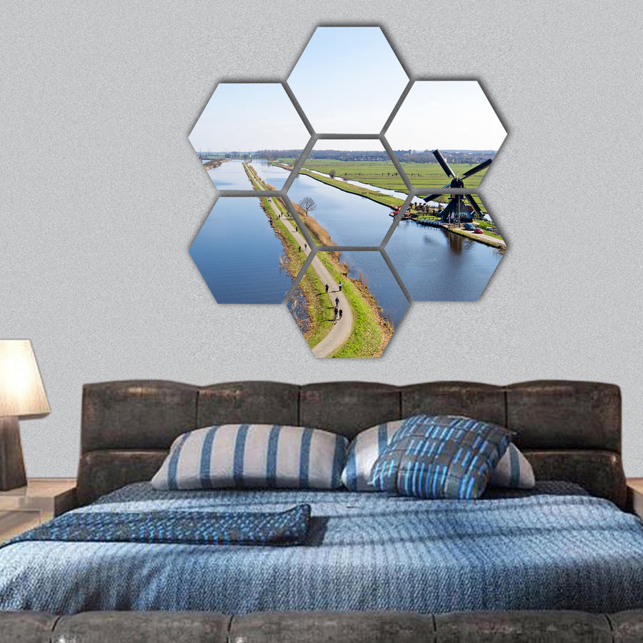 Traditional windmills at Kinderdijk in the Netherlands hexagonal canvas wall art