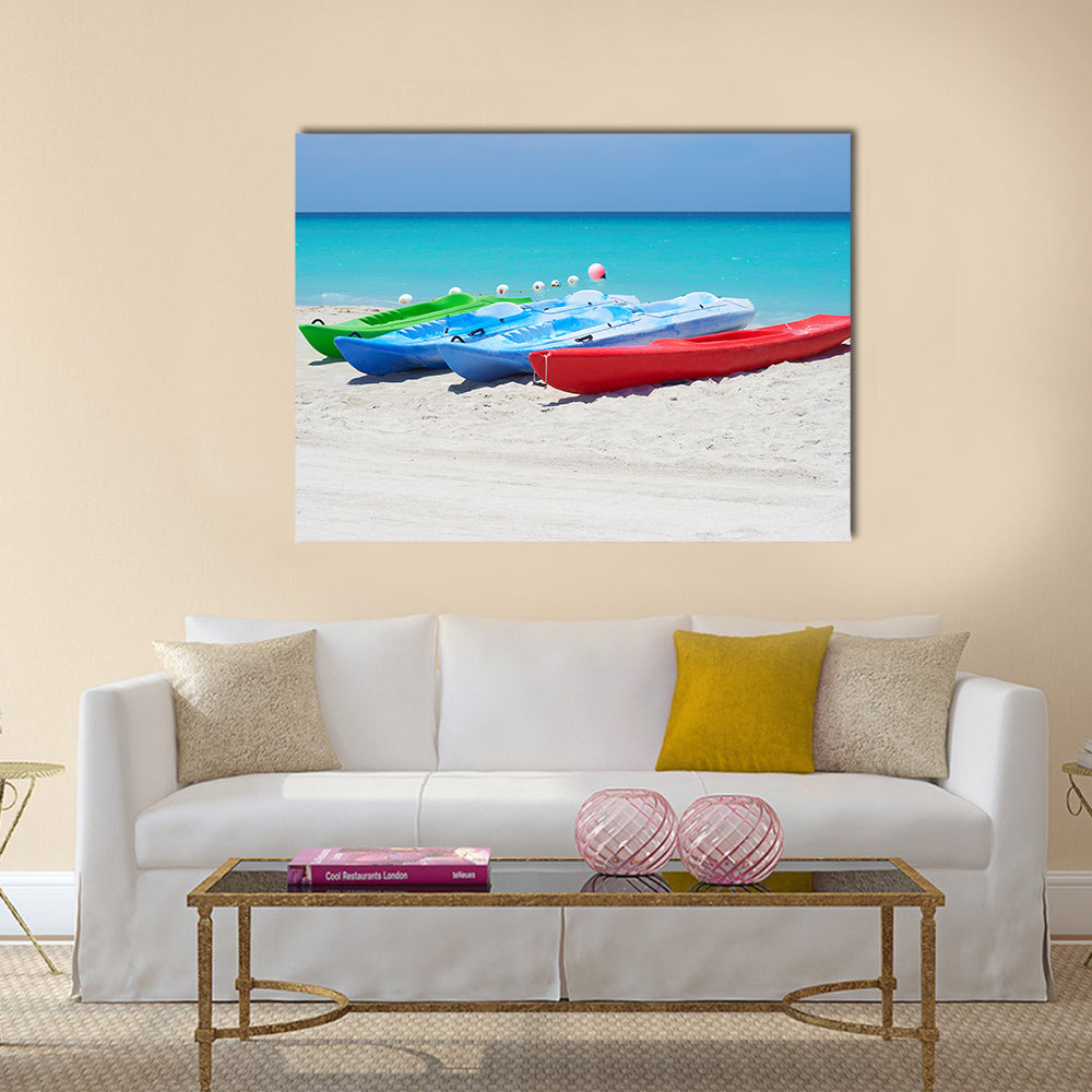 Group of kayaks ready to be rented in a beach Multi panel canvas wall art