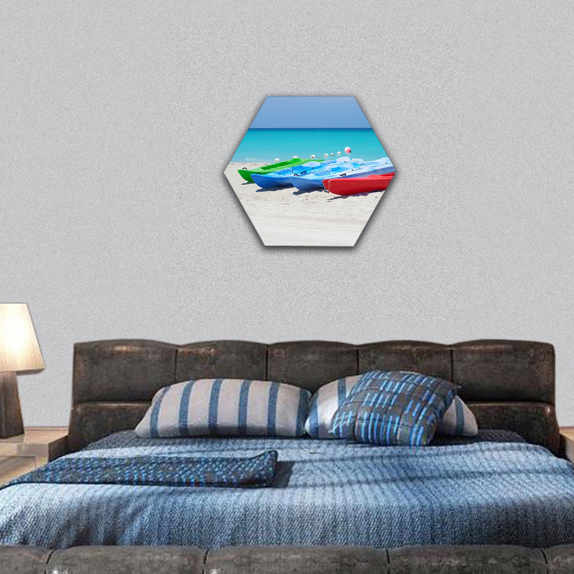 kayaks ready to be rented in a beach hexagonal canvas wall art