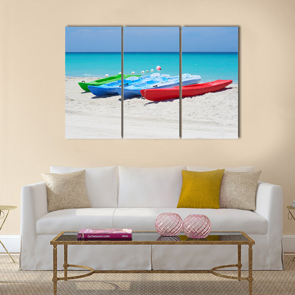 Group of kayaks ready to be rented in a beach Multi panel canvas wall art