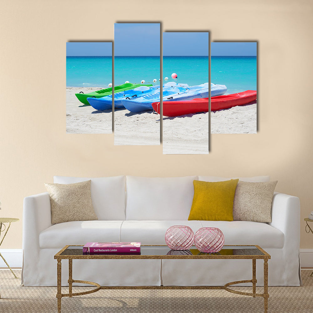 Group of kayaks ready to be rented in a beach Multi panel canvas wall art