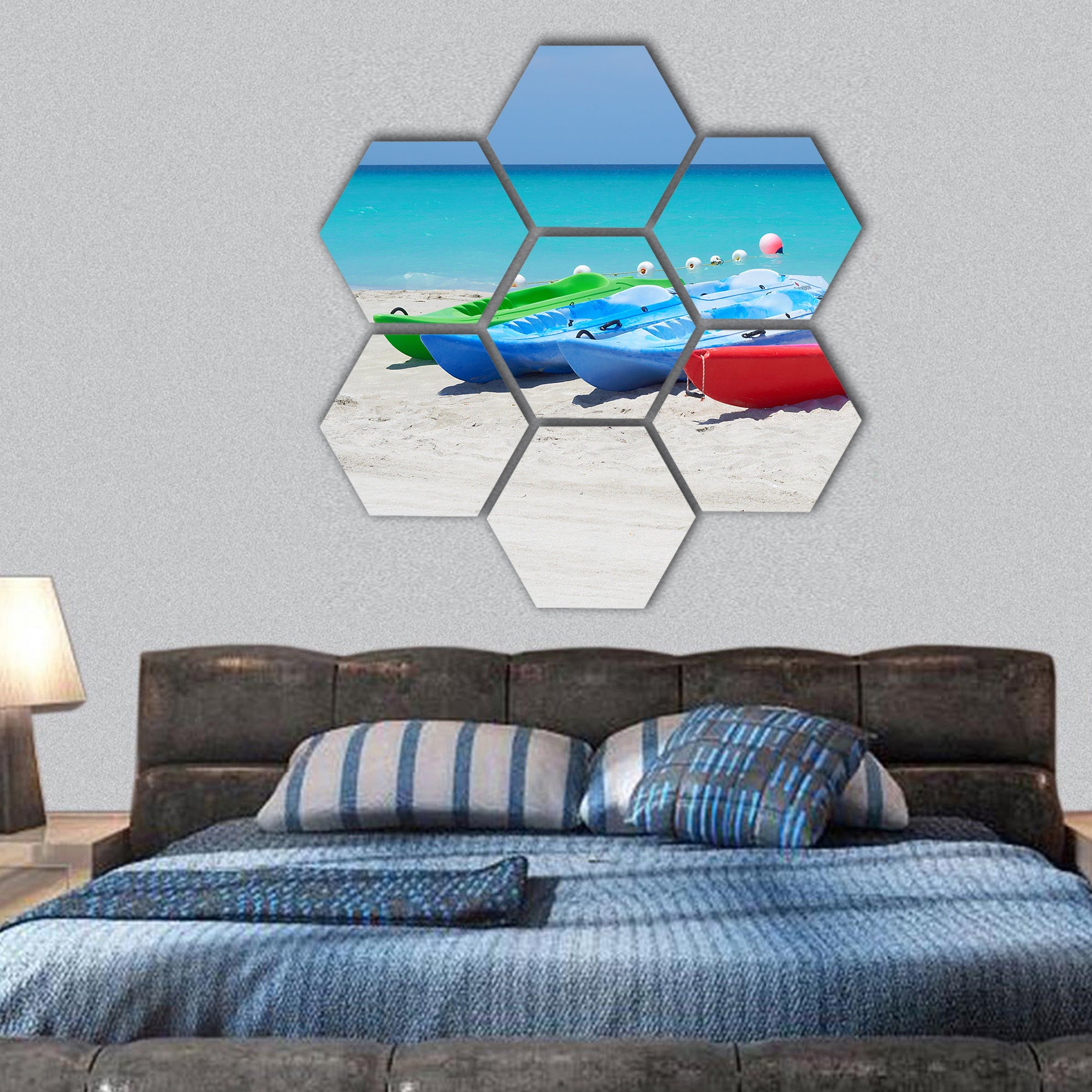 kayaks ready to be rented in a beach hexagonal canvas wall art